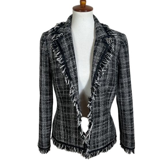 Anthracite Black and White Tweed Fringe Blazer Size 10 - Picture 1 of 7